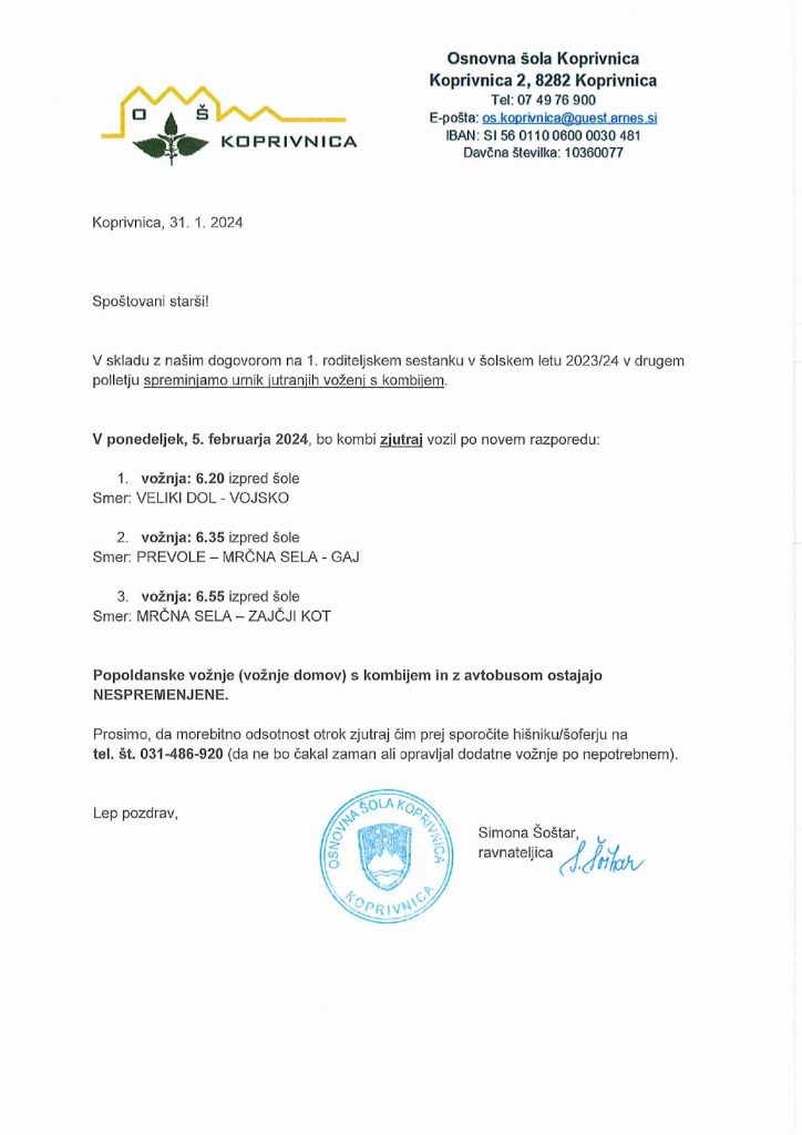 SPREMENJEN URNIK JUTRANJE VOŽNJE S KOMBIJEM